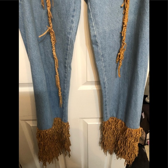 INDUSTRIATTO size 12 blue wide leg jeans with leather fringe made in Italy - Picture 3 of 13